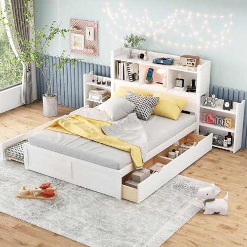 Full Size Storage Bed with Bookcase Headboard and Trundle, Wood Platform Bed Frame with Charging Station
