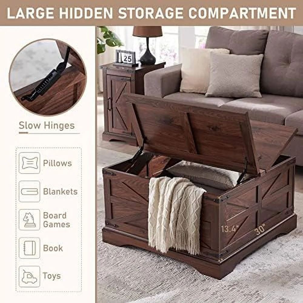 HJZBNONE Farmhouse Coffee Table  Square Wood Center Table with Large Hidden  Compartment for Living Room  Rustic Cocktail Table with Hinged Lift Top