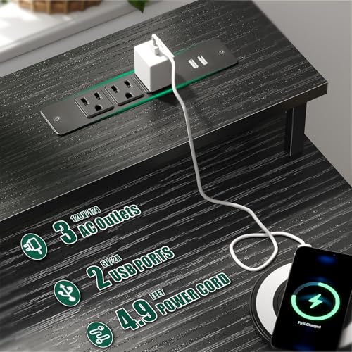 47 Inch Computer Gaming Desk with Power Outlets LED Lights Reversible Home Office with Adjustable Fabric Storage Drawers for Working Writing Study