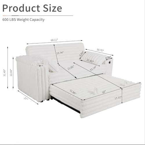 68.11" Corduroy Sleeper Chair Bed with USB Port, Cup Holders & Side Storage Pockets – 3-in-1 Foldable Sofa Bed for Guest Room, Living Room – White