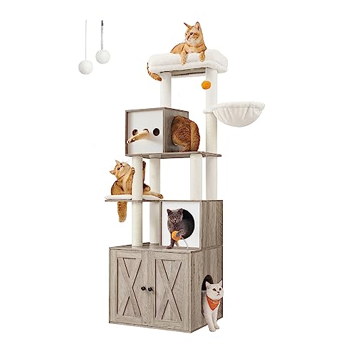 Feandrea Cat Tree with Litter Box Enclosure, 2-in-1 Modern Cat Tower, 70.8-Inch Tall Cat Condo with Scratching Posts, Perch, Caves, Basket