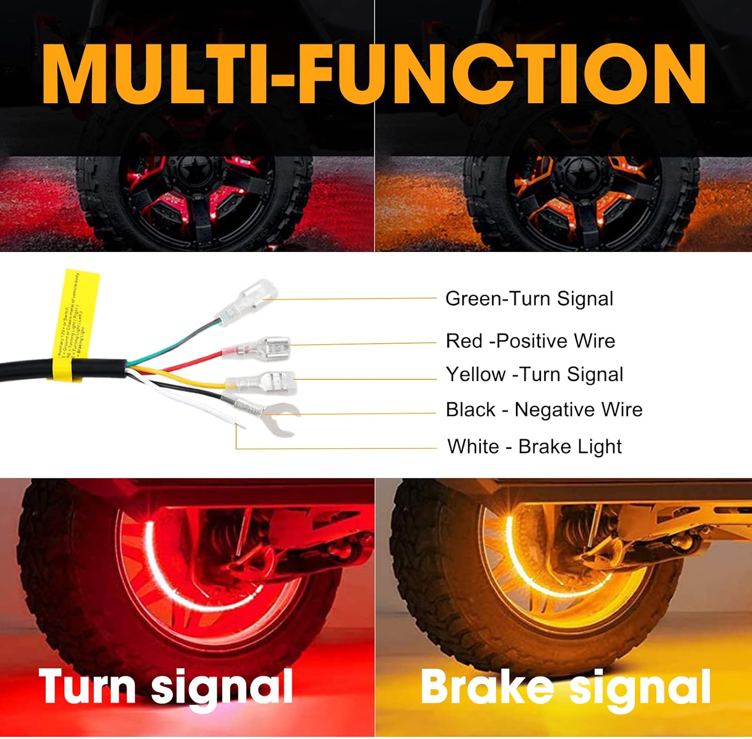 RGB Wheel Ring Lights 17'' Tire Lights Double Row Neon Rim Light with W/Turn Signal & Braking Function Can Controlled By Bluetooth Sync to Music