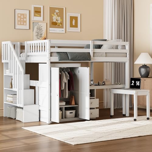Harper & Bright Designs Twin Size Loft Bed with Stairs and Bookshelf, Wood Twin Storage Bed with Desk & Wardrobe