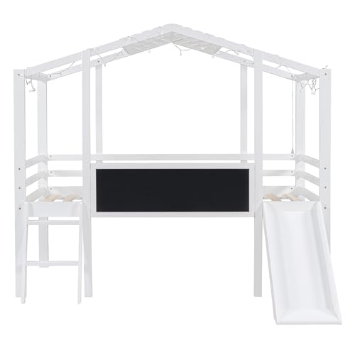 Harper & Bright Designs Kids Twin Low Loft Bed with Slide and Storage Shelves, Wood Playhouse Loft Bed Frame with a Tent & Stairs
