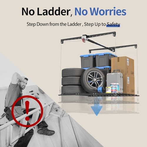 Overhead Garage Storage Rack, Heavy-duty 4x4 Ft Ceiling Storage Racks with Safety Lock
