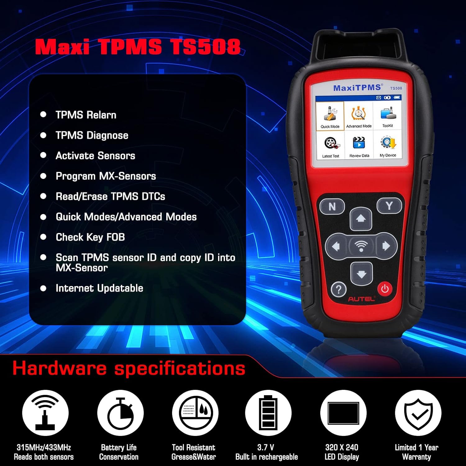 Autel MaxiTPMS TS508 TPMS Relearn Tool-2022 Activate/Relearn All Sensors, Read/Clear DTCs, TPMS Reset/Diagnosis