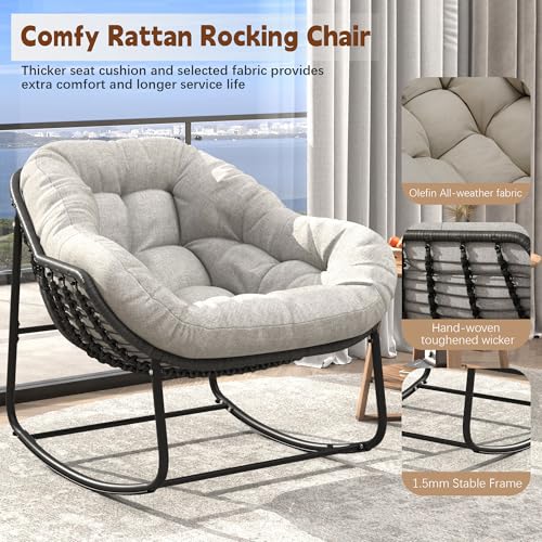 Outdoor Indoor Rocking Chair, Patio Wicker Egg Chair, Indoor & Outdoor Comfy Oversized Papasan Chair with Padded Cushion