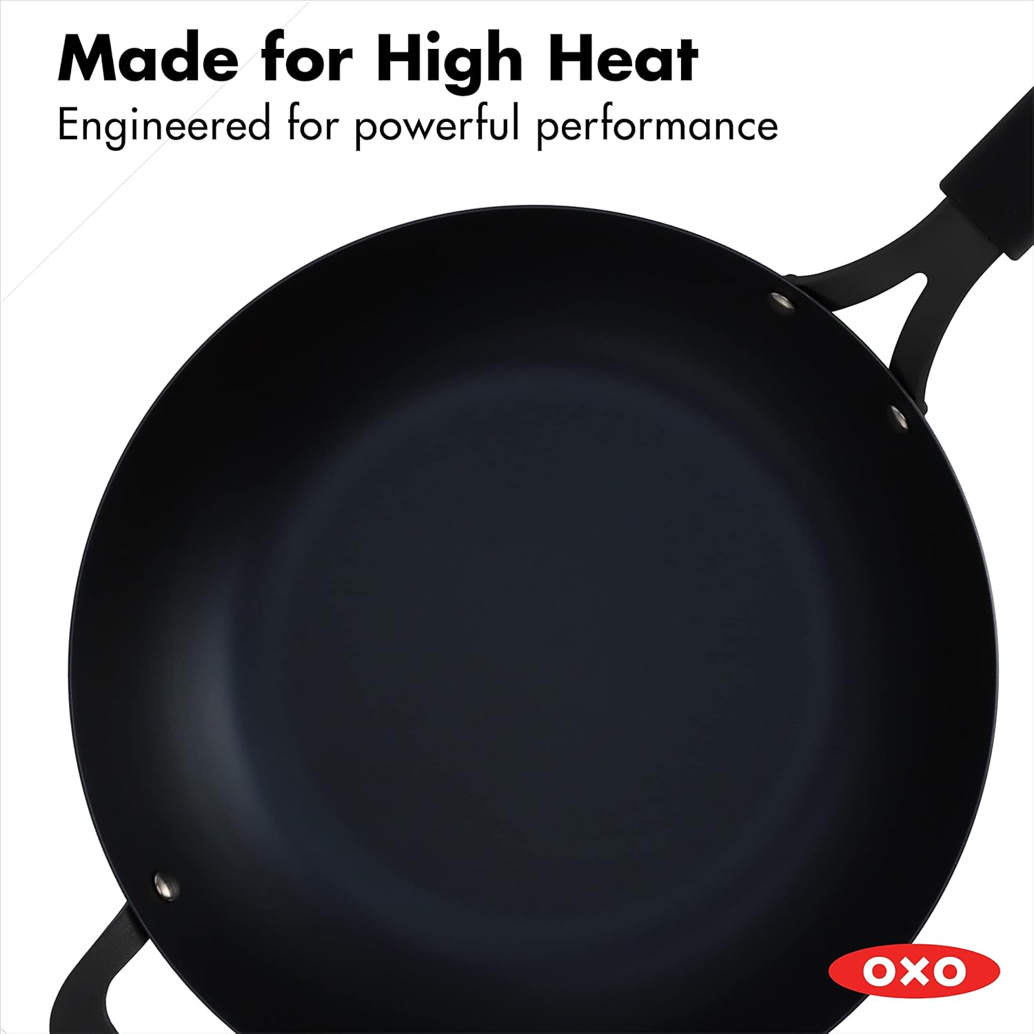 OXO Obsidian Pre-Seasoned Carbon Steel, 12" Wok Pan with Removable Silicone Handle Holder, Induction, Oven Safe, Black Pack of 2