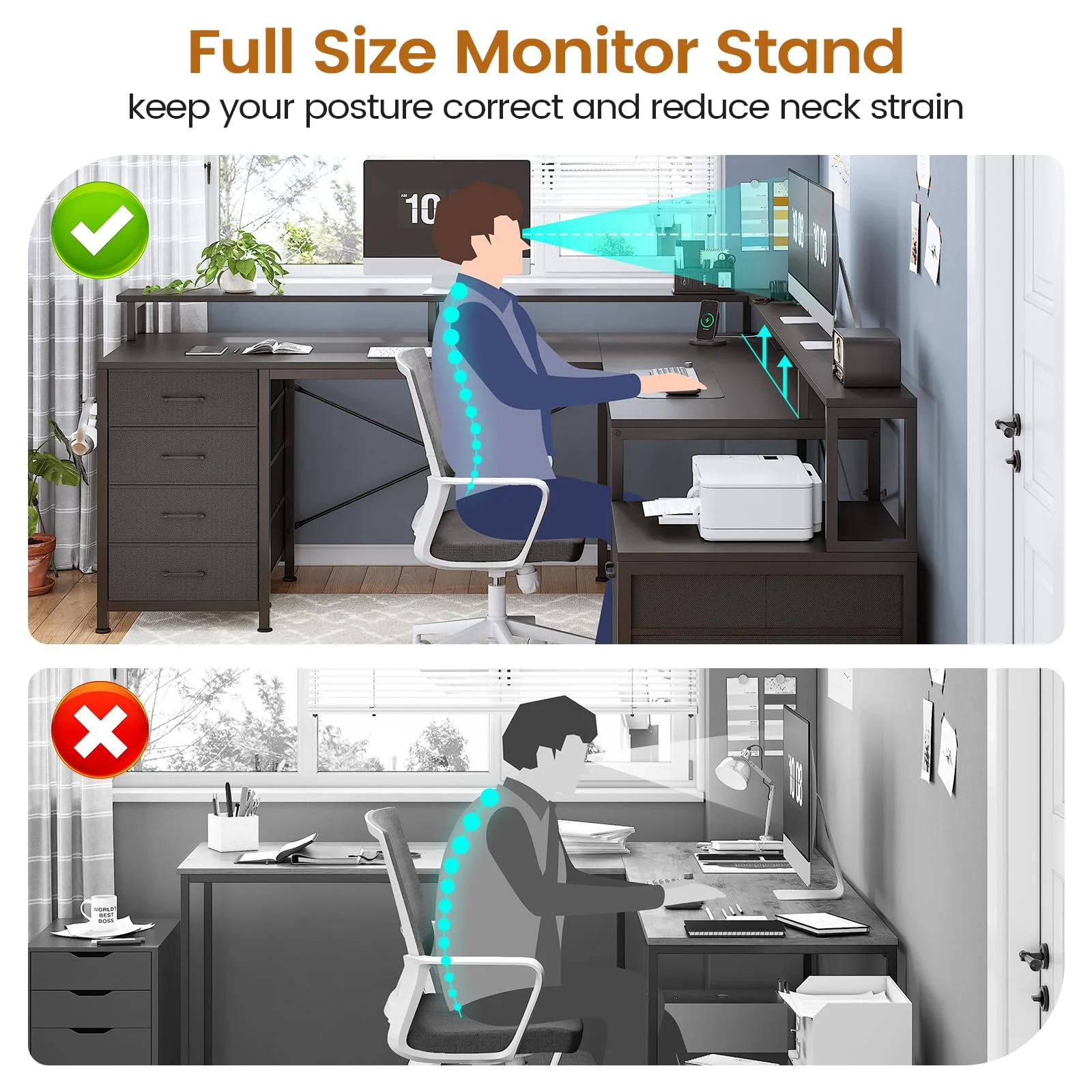 Afuhokles L Shaped Computer Desk with 6 Drawers, Corner Home Office Desk with File Drawers, Black