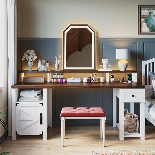 EnHomee Farmhouse Office Desk with Drawer & Power Outlets, Wood Computer Desk Monitor Stand for Bedchamber Study