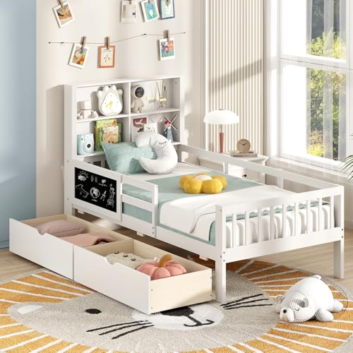 Giantex Full Bed with 2 Storage Drawers, Solid Wood Kids Bed Frame w/Bookcase Headboard & Blackboard, Full-Length Guardrails & Wooden Slats Support