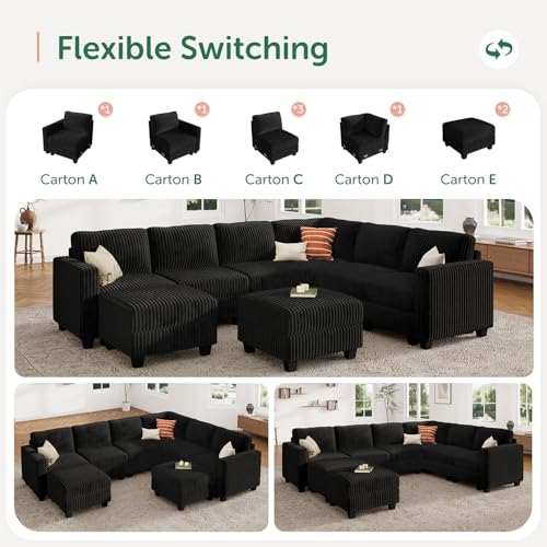 HONBAY Corduroy Modular Sectional Couch with Storage L-Shaped Sectional Couches for Living Room 6 Seater Modular Sofa, Dark Gray
