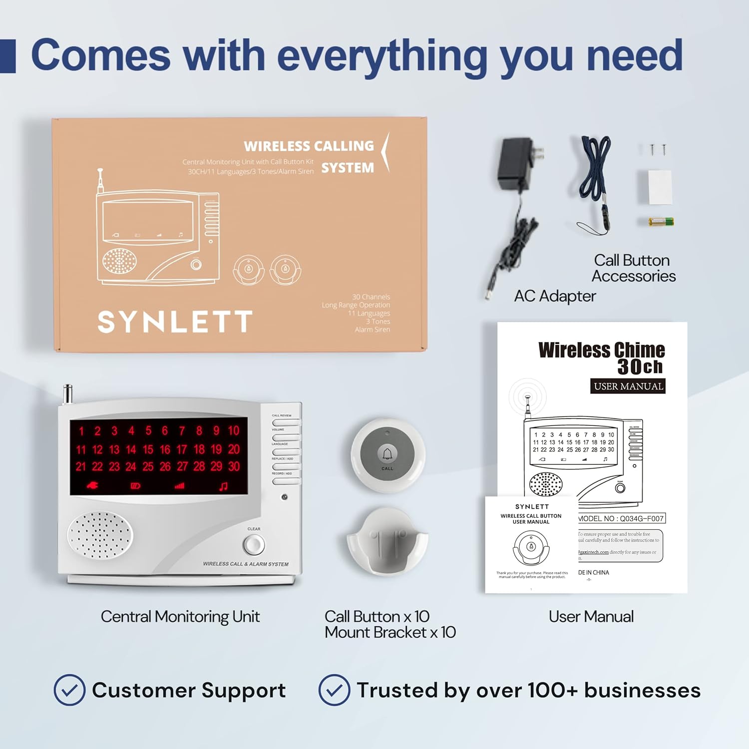 SYNLETT Wireless Calling System, Caregiver Pager for Nurses Station, 10 Waterproof Call Buttons with 1 Monitoring Unit for Emergency