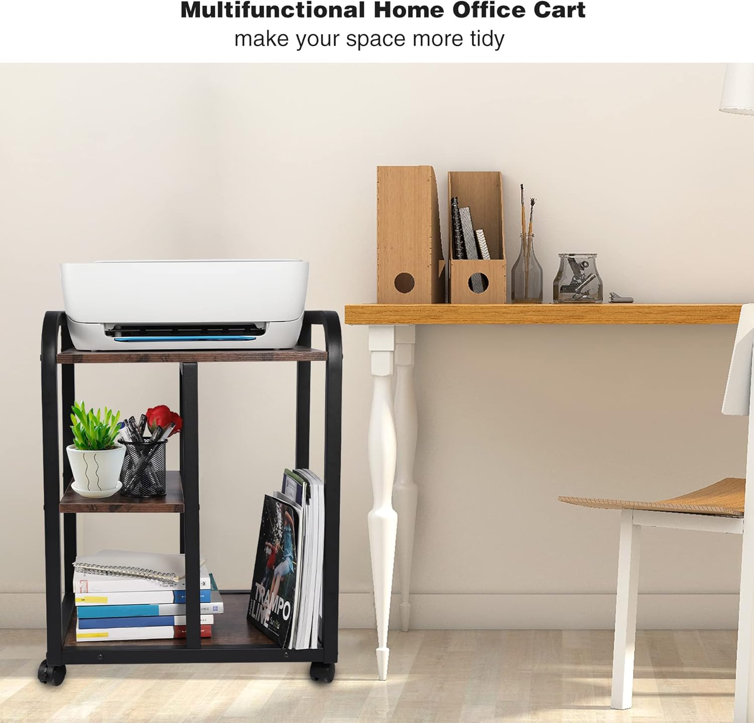 ALAPUR Printer Stand with Storage, 3 Tier Printer Cart Rolling Printer Stand Under Desk with Wheels, Wood Printer Table for Home Office, Rustic Brown