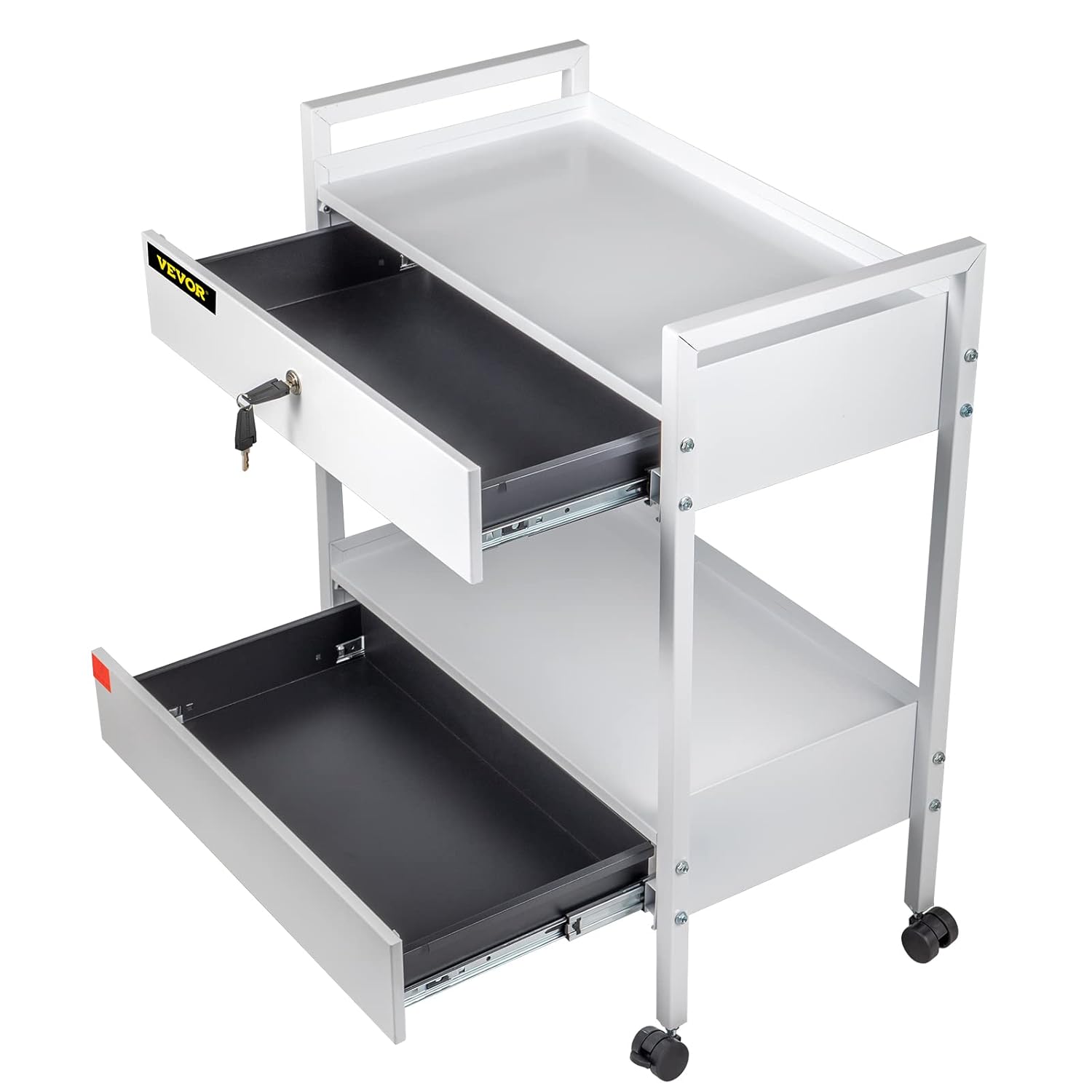 VEVOR Lab Cart, 2 Tiers Lab Trolley, Steel Lab Utility Cart, 360° Rolling Lab Cart, Locking Drawer Stainless Steel Lab Cart