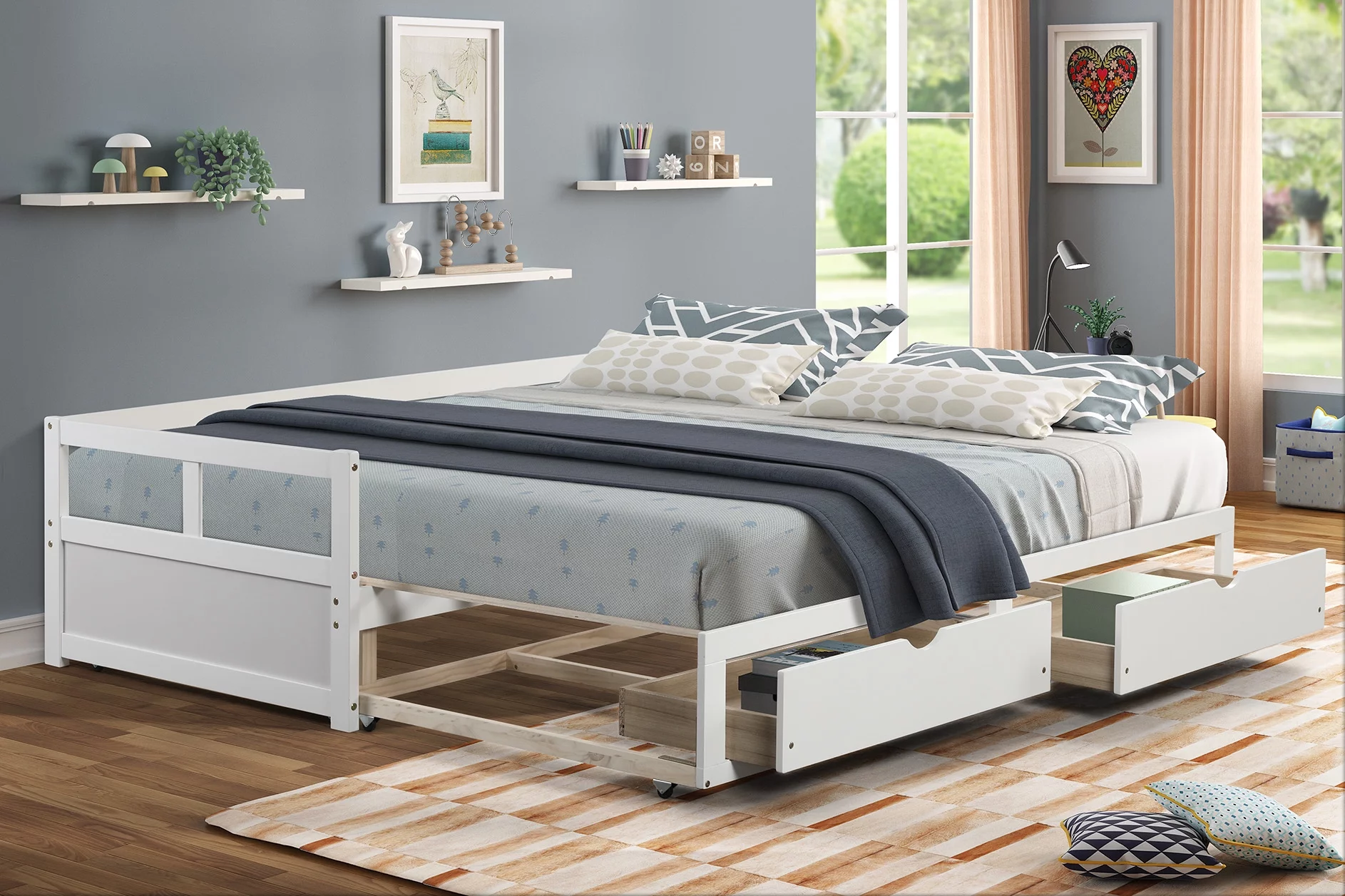 Hanway Twin Daybed with Two Drawers - White Solid Pine Wood Material