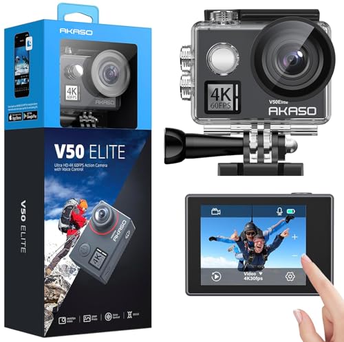 AKASO V50 Elite 4K60fps Action Camera with 128GB MicroSDXC U3 Memory Card Accessories Kit Bundle Voice Control EIS 131 feet Waterproof Camera 8X Zoom