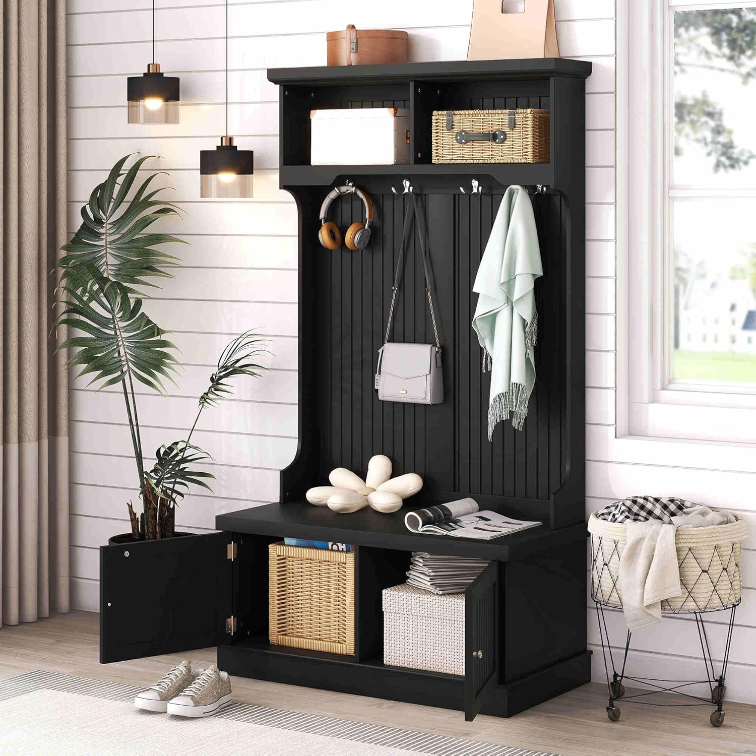 Modern Entryway Hall Tree with Bench and Shoe Storage, Coat Rack - 4-in-1 Design - Sturdy and Stylish Hall Tree for Entryway, Laundry Room, Closet