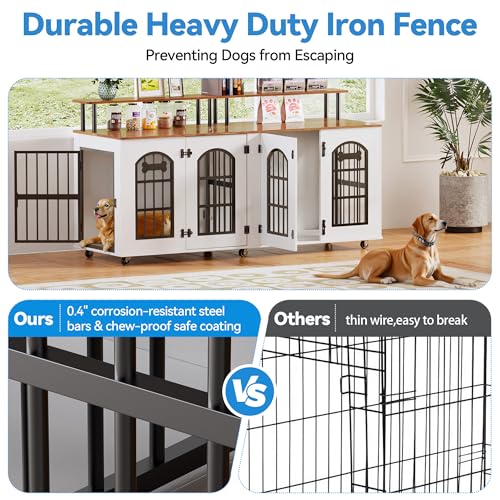 Double Dog Crate Furniture for 2 Dogs, 63" Indoor Wooden Dog Kennel for Medium Dogs with Divider, Wheels, Storage