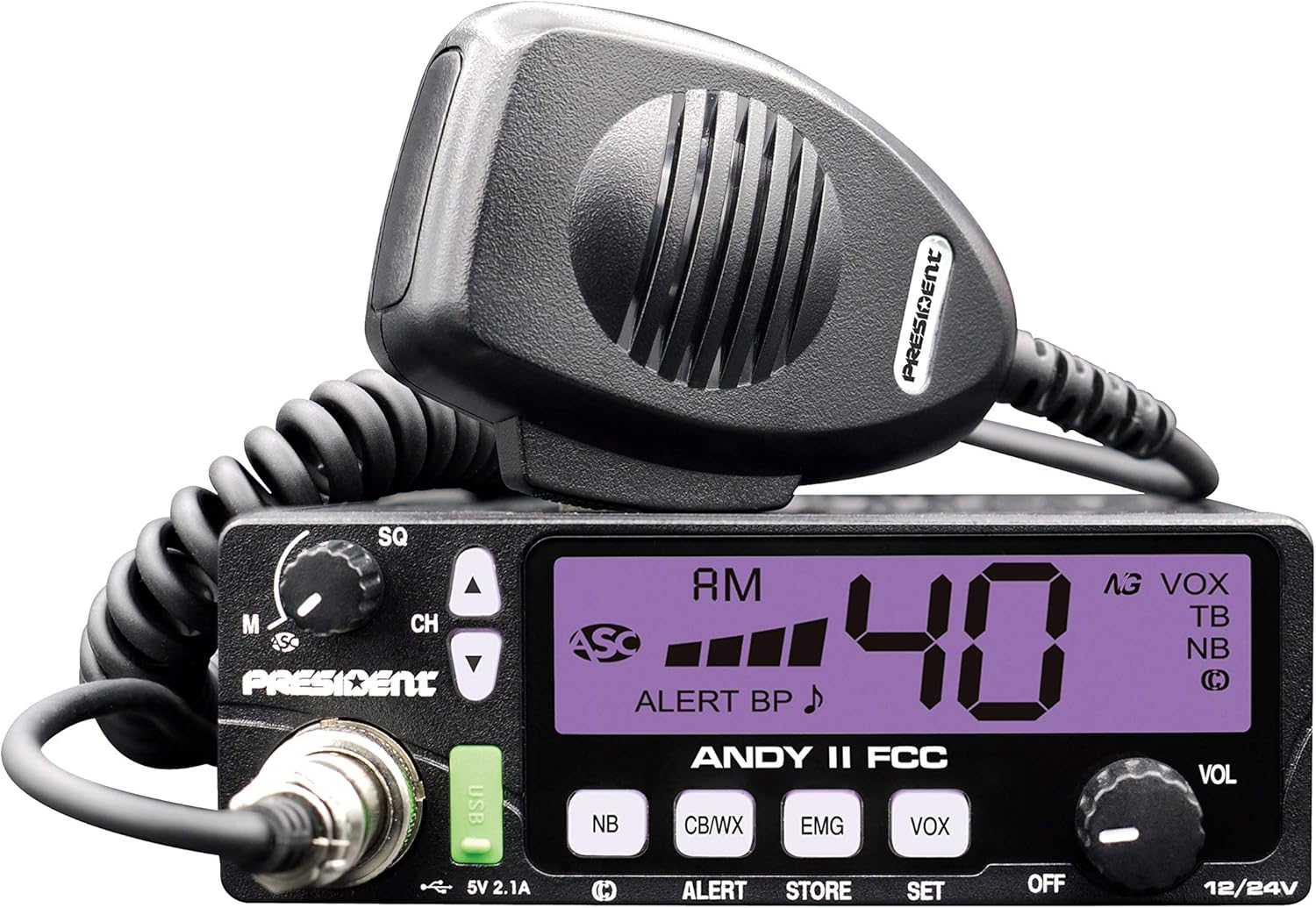 New President Andy II 12/24V FCC CB Radio with Weather Channel/Alert, Scan, USB Port, VOX and Much More!