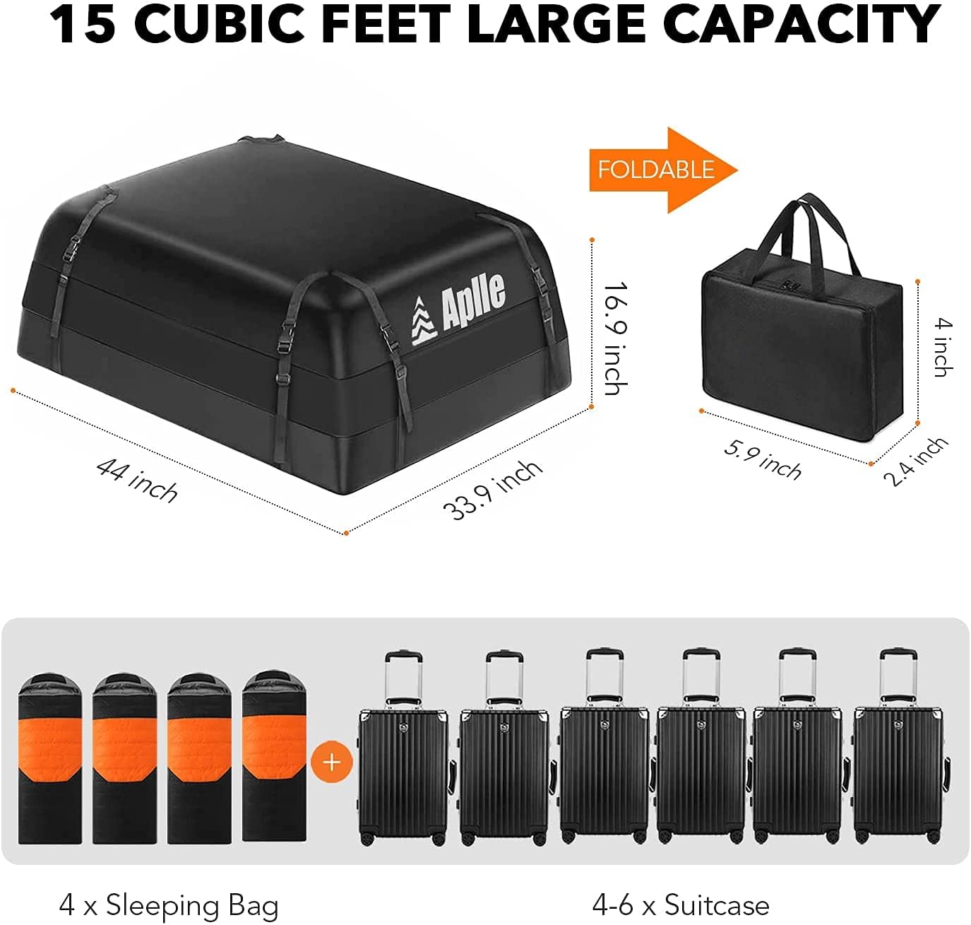 APLLE Rooftop Cargo Carrier, 15 Cubic Feet Rooftop Car Bag, with Anti-Slip Mat, Storage Bag, 8 Reinforced Straps, 6 Door Hooks
