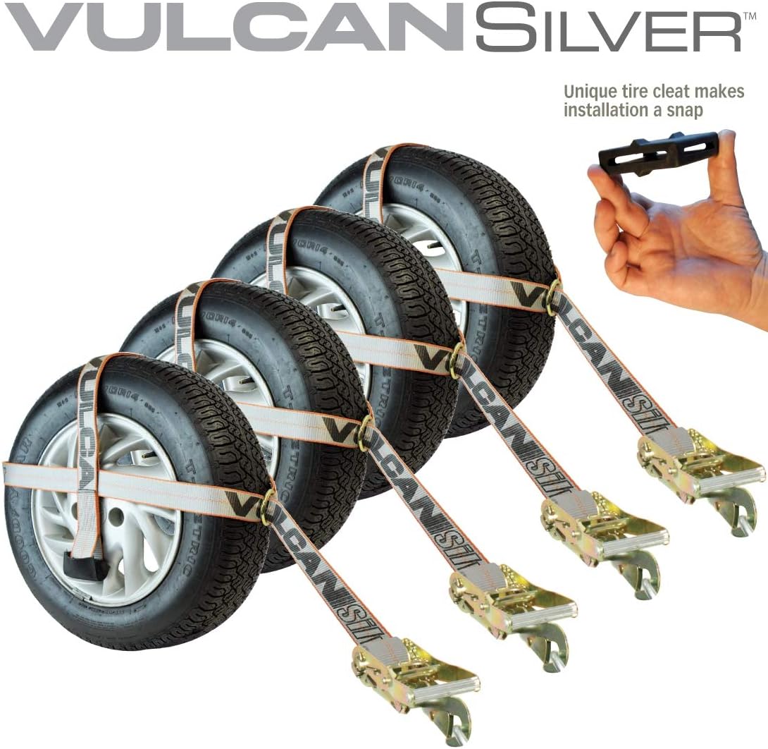 VULCAN Car Tie Down Kit - Adjustable Loop - Snap Hooks - Classic Yellow - Complete Kit Includes 4 Straps and 4 Ratchets