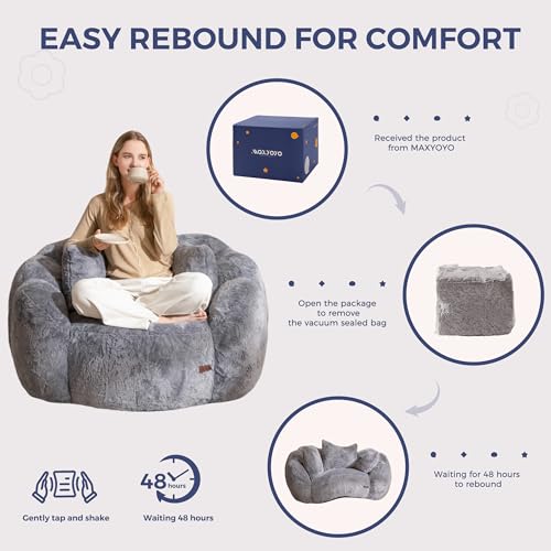 MAXYOYO Bean Bag Chair for Adults, Floral Shaped Bean Bag Sofa, Ultra Soft Faux Fur Floor Sofa, Large Reading Chair for Living Room Bedroom, Beige