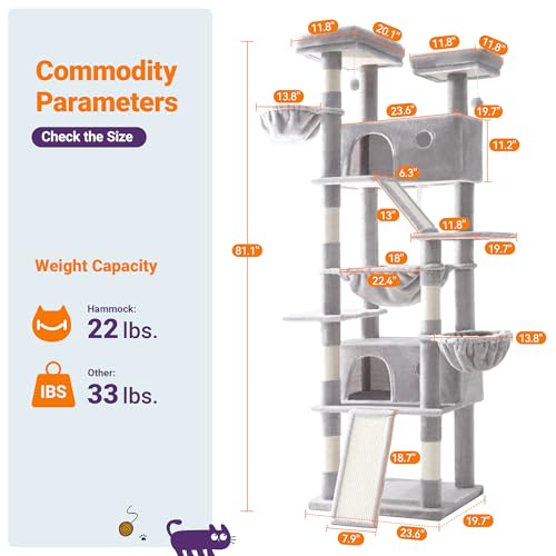 Allewie 81 Inches Tall Cat Tree/Multi-Level Large Climbing Tree House and Towers for Big Feline/Condo and Hammock/Scratching Post/Wide Base/Dark Grey