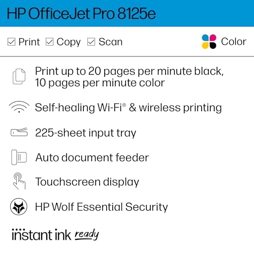 HP OfficeJet Pro 8125e Wireless All-in-One Color Inkjet Printer, Print, scan, Copy, ADF, Duplex Printing, Home & Office