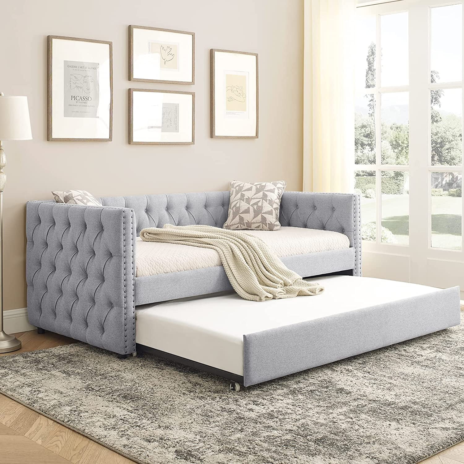 Daybed with Trundle, Muumblus Modren Kids Pull Out Sofa Bed for Bedroom & Living Room, Twin Size Frame, Light Grey Upgraded Linen Upholstered