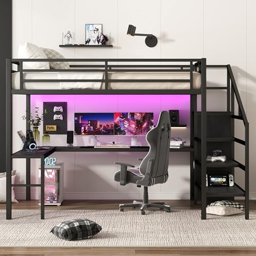 SOFTSEA Queen Size Loft Bed with L-Shaped Desk, Wardrobe, Metal Loft Bed with LED Lights and USB Ports, Space Saving Bed Frame with Storage Stairs