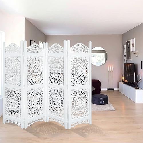 Lightnpro Wooden Room Divider - Handmade Foldable Partition Screen with Intricate Oval Carved Design Hinged