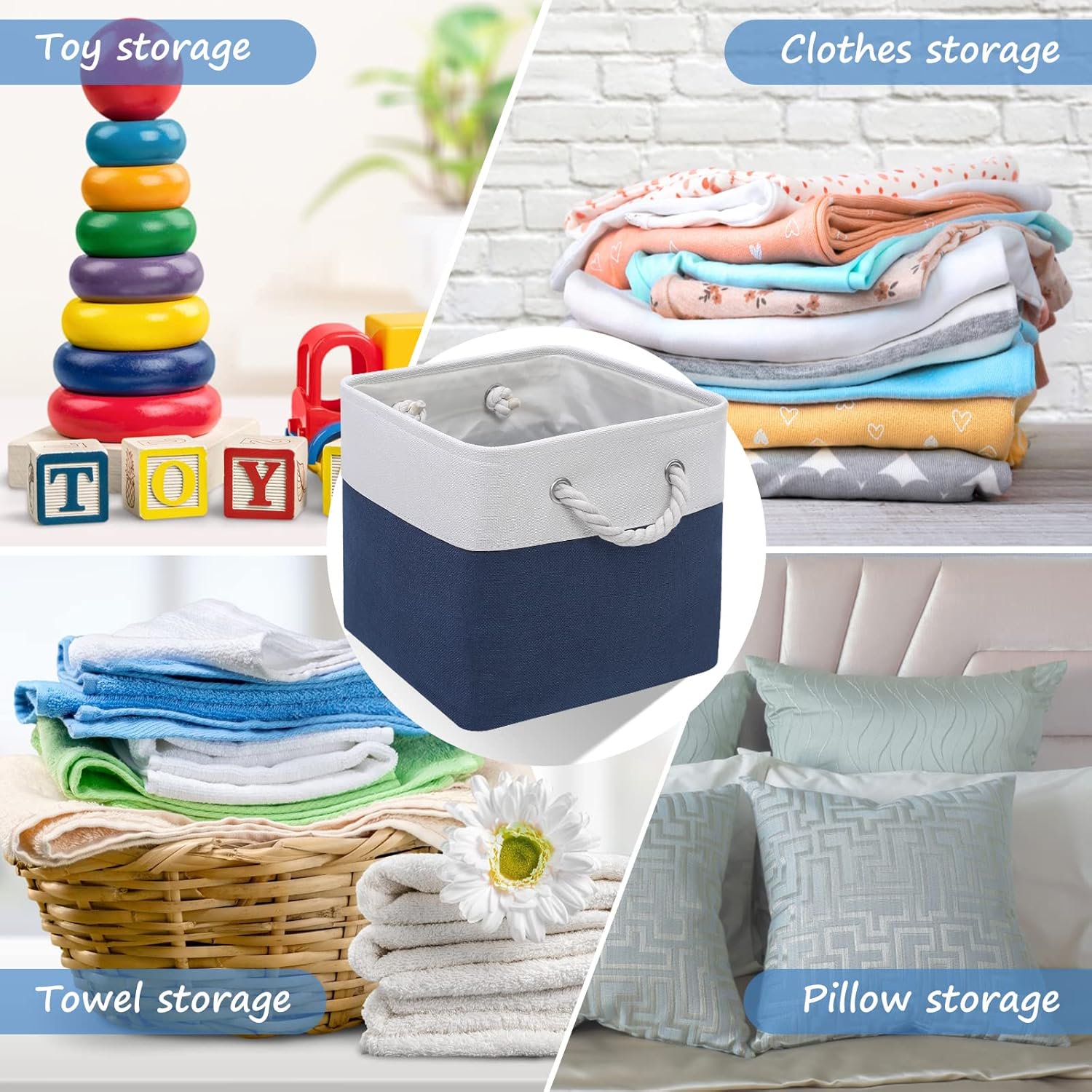 Cube Storage Bins, 6 Pack 11x11 inch with Cotton Handles for Closet, Shelves, Clothes, Toys, Towel (White/Pink)