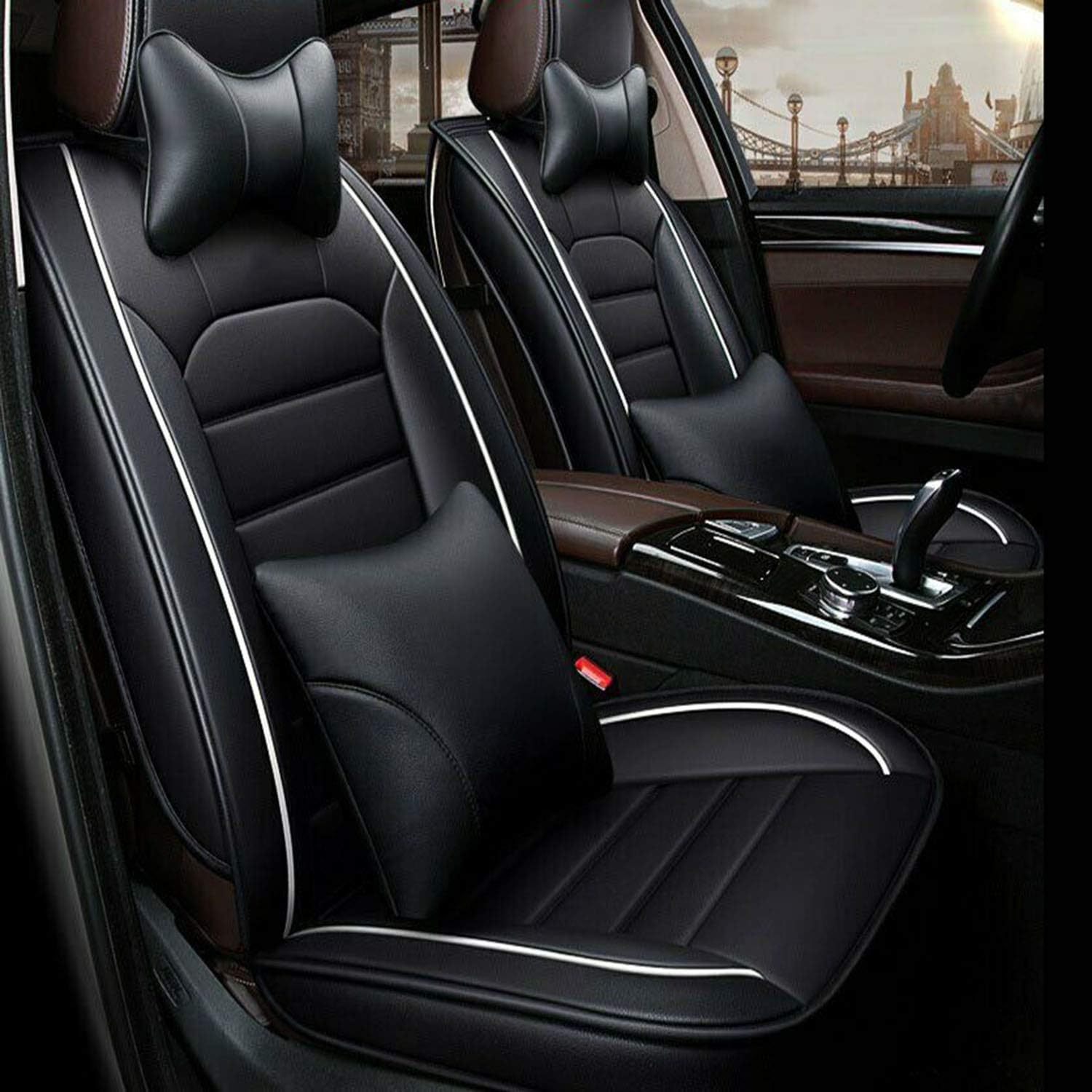 TYFYB Universal 5 Seats Wearproof PU Leather Car Seat Cover Full Set Seat Pad Protector Set Front + Rear Cushions w/Pillows Black/Beige