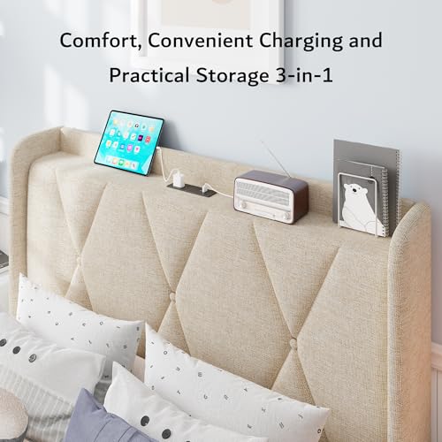 iPormis Queen Bed Frame with 4 Storage Drawers, Upholstered Platform Bed Frame with Charging Station, Modern Wingback Storage Headboard