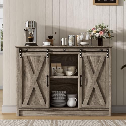 4 EVER WINNER Coffee Bar Cabinet with Sliding Barn Doors, 42” Sideboard Buffet Cabinet with Storage