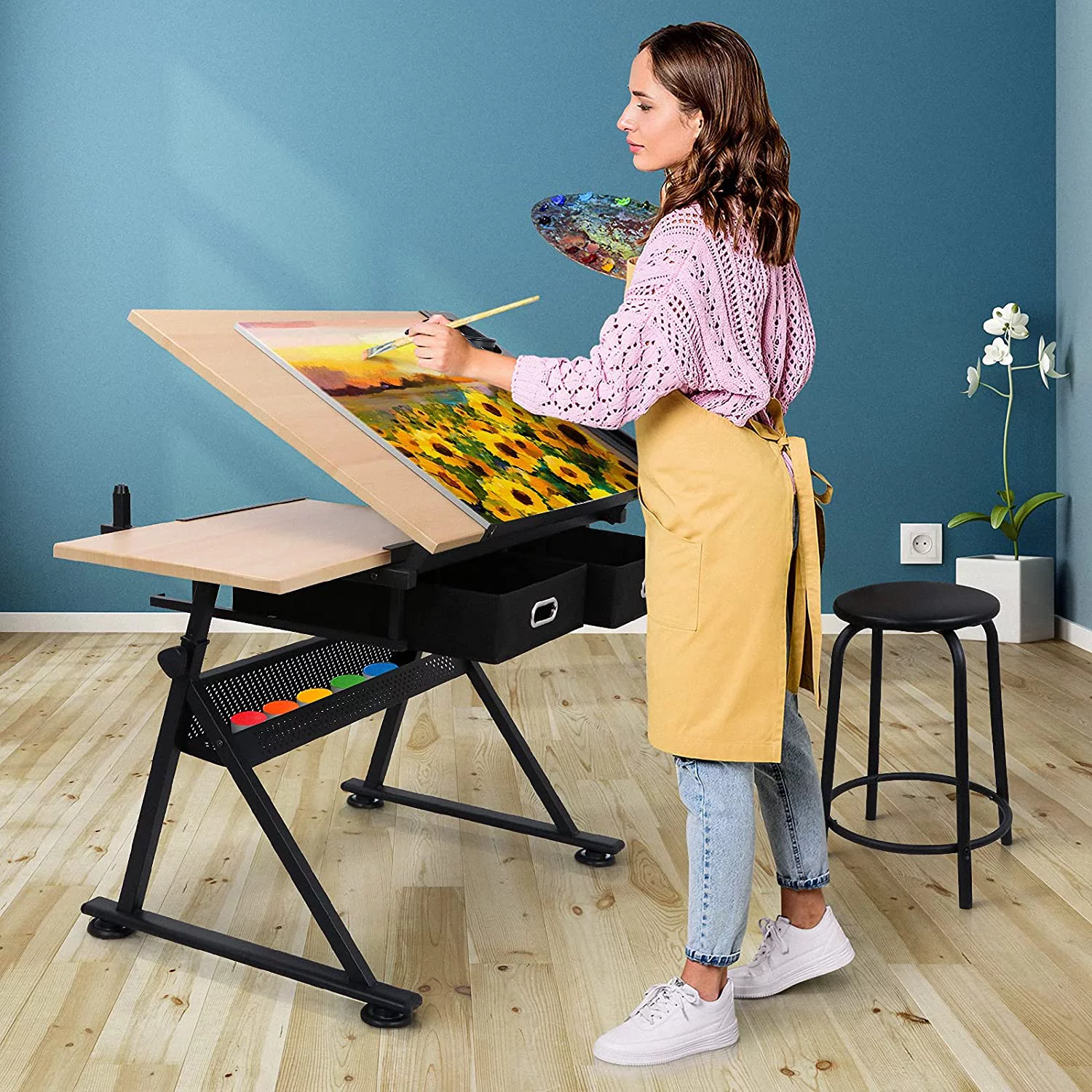 Drafting Table Art Desk Drawing Table Height Adjustable Artist Table Tilted Tabletop w/Drafting Stool and Storage Drawer for Reading, Writing