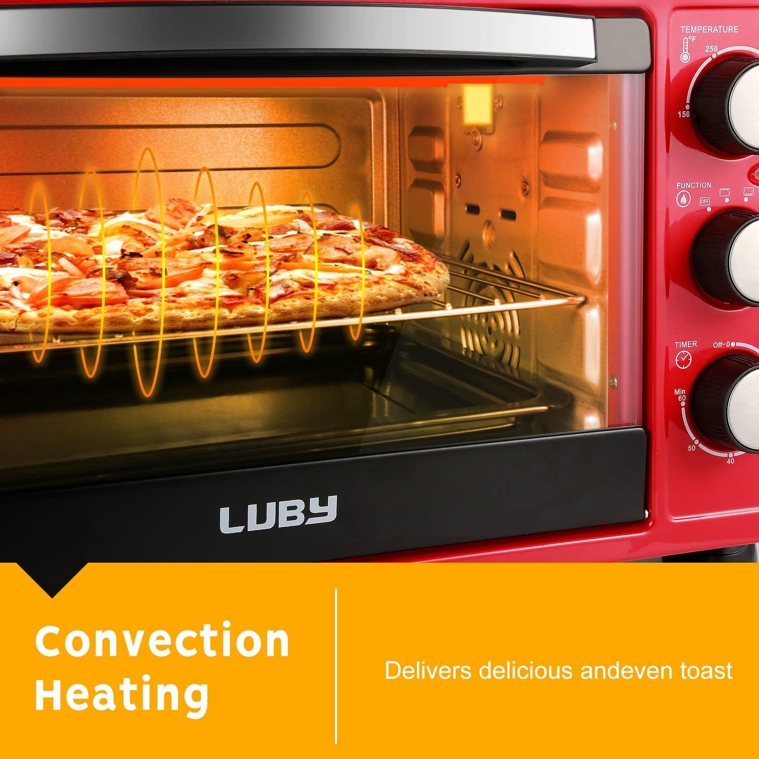 LUBY Convection Toaster Oven with Timer, Toast, Broil Settings, Includes Baking Pan, Rack and Crumb Tray, 6-Slice, Red Pack of 2