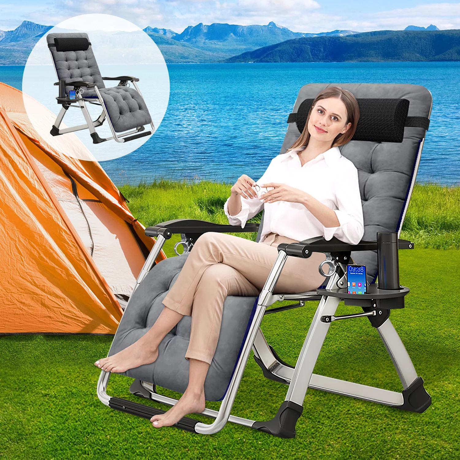 Docred Zero Gravity Chair Set of 2 gray Antigravity Outdoor Patio Lawn Lounge Beach Pool Folding Recliner with Adjustable Pillows and Cup Holder Trays