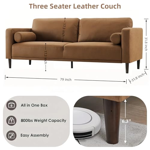 HIFIT Sofa Couches, 79” Mid-Century Modern Couch, Breathable Faux Leather Couch with Upholstered Cushions/Pillows, 3-Seat Sofas & Couches