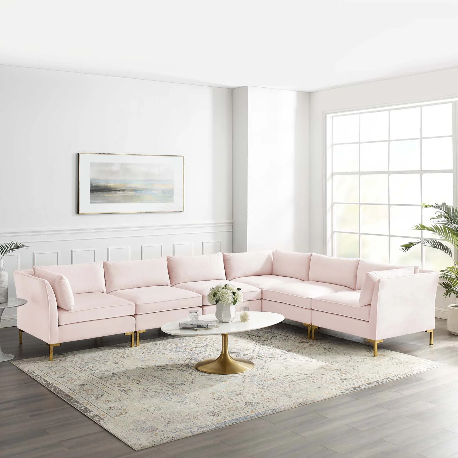 Modway Ardent 6-Piece Performance Velvet Sectional Sofa in Pink