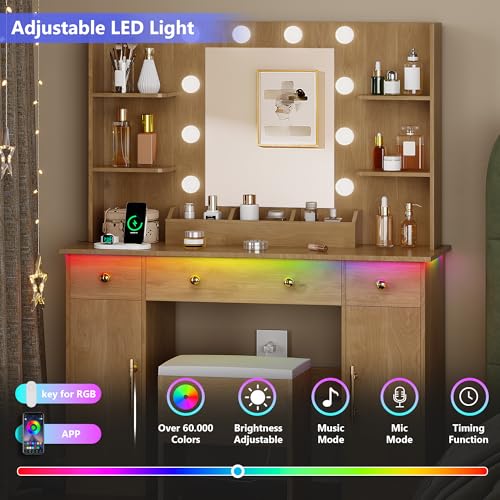 Vanity Desk with Mirror and Lights, Makeup Vanity with Charging Station & Vanity Stool