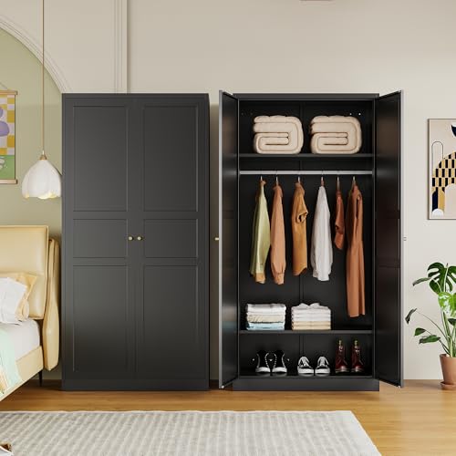White Armoire Wardrobe Closet，71" Metal Clothing Storage Cabinets，with 2 Doors 2 Shelves Steel Wardrobe Storage，for Studio, Classroom, Garage