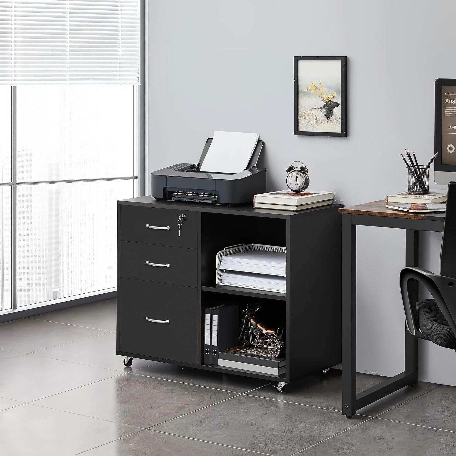 Black File Cabinet with Lock for Letter, A4 Size,3 Drawer Lateral Filing Cabinet Printer Stand with Open Storage Compartments