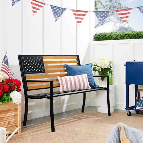 Best Choice Products Outdoor Bench 2-Person Steel Indoor/Outdoor Bench for Garden, Patio, Porch, Entryway w/American Flag, 790lb Capacity – Black