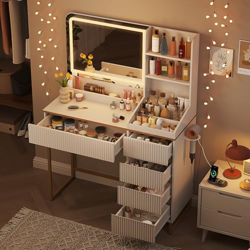 Vabches Makeup Vanity with Mirror and Lights, White and Gold Vanity Desk with 5 Drawers and Charging Station, Vanity Table for Bedroom