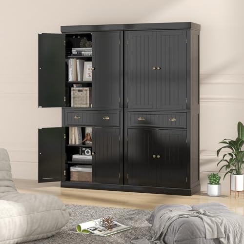 Tangkula 72" H Kitchen Pantry Cupboard Cabinet, Traditional Freestanding Large Tall Storage Cabinet with 2 Cabinets and Drawer, Adjustable Shelves