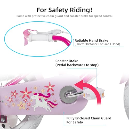 JOYSTAR Unicorn Kids Bike for Girls Ages 2-9 Years Old, 12 14 16 18 Inch Kids Bike with Training Wheels, Doll Seat, Streamers and Basket