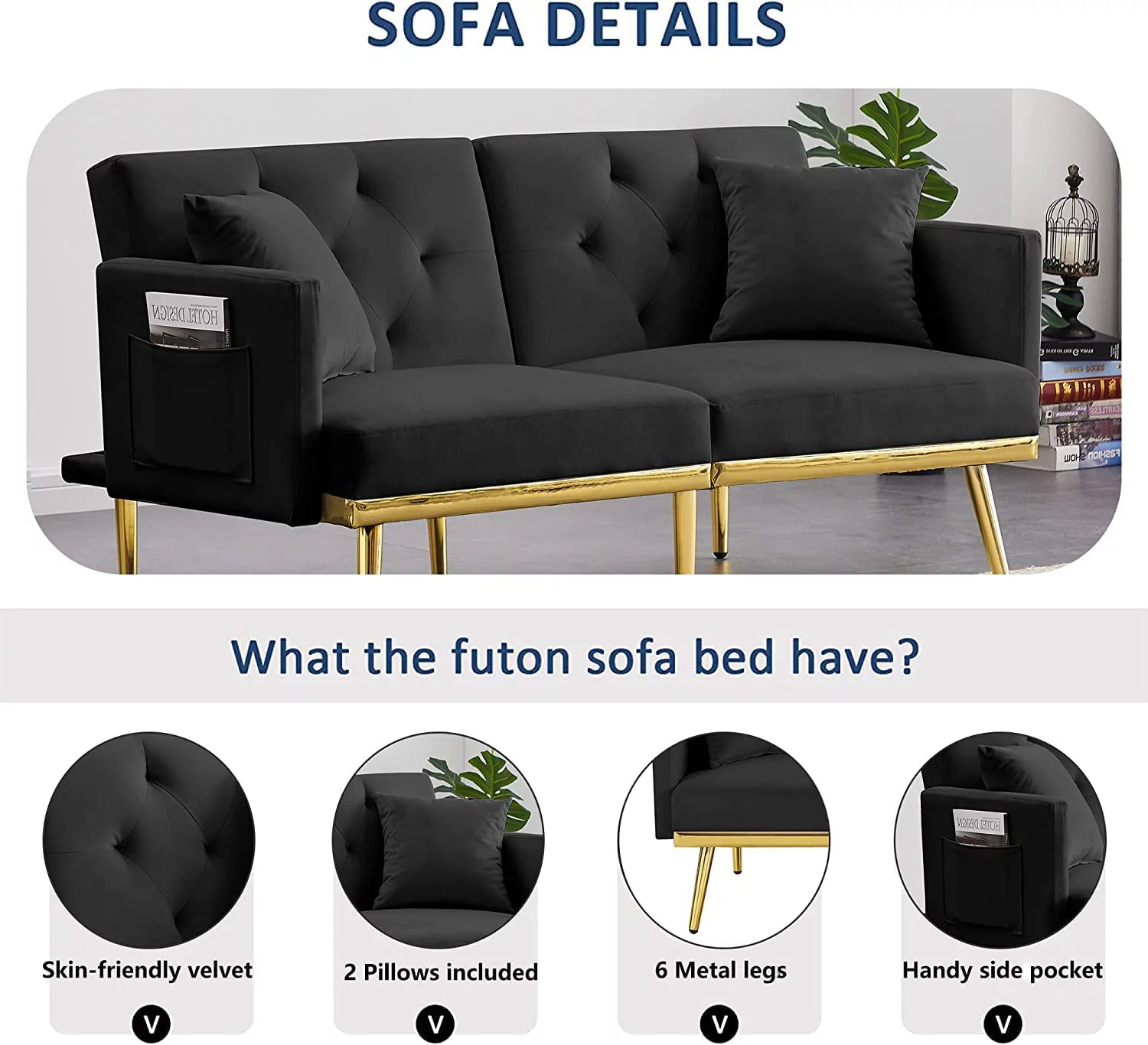 59" Convertible Folding Sofa Bed with 2 Pillows & Side Pockets, Modern Velvet Sleeper Couch Bed with 3 Adjustable Backrests