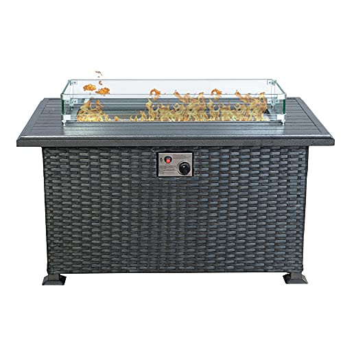 Kozyard Outdoor Patio Propane Gas Fire Pit Table - 50,000 BTU Wicker Design with Aluminum Tabletop, Glass Wind Guard